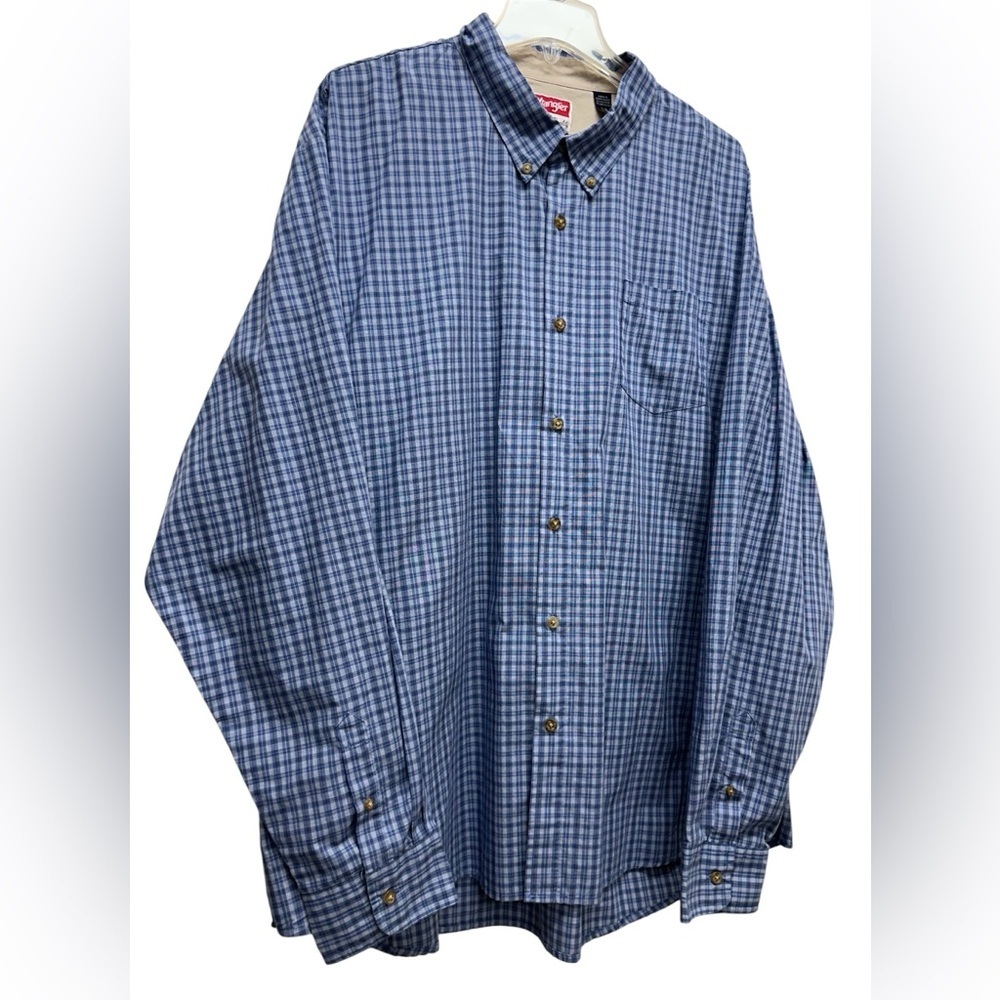 Wrangler Premium Button-Down Flannel Shirt Men's 3XL Long Sleeve Blue Plaid - Picture 2 of 8